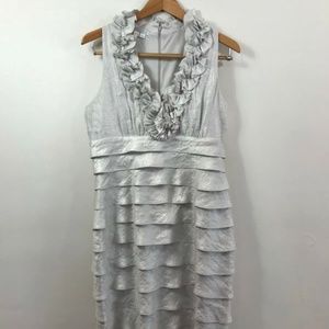 London Times Women's Dress 12 Sheath Silver Ruffle V Neck Tiered Zip Lined Midi